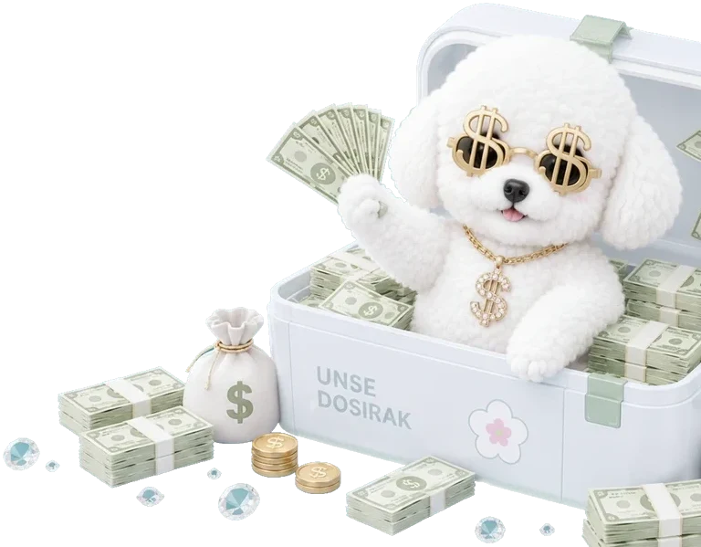 달러 안경과 금목걸이를 한 비숑이 돈다발 도시락 상자에서 지폐를 흔들고 있어요